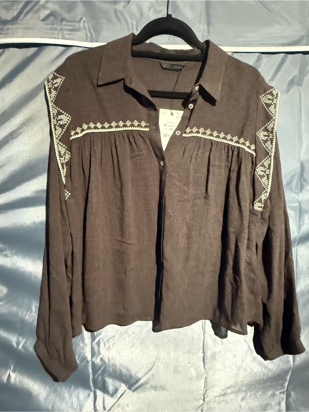 Zara Brown Button-Front Embroidered Long-Sleeve Shirt